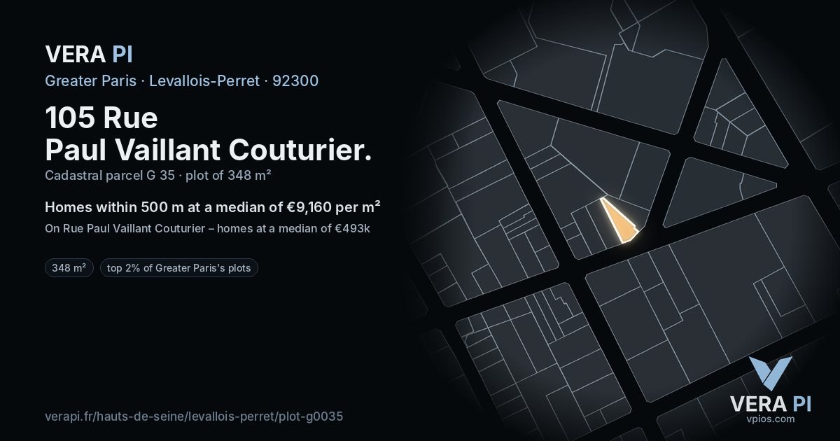 105 Rue Paul Vaillant Couturier, Levallois-Perret at night – the plot lit, the parcels around coloured by the prices near them