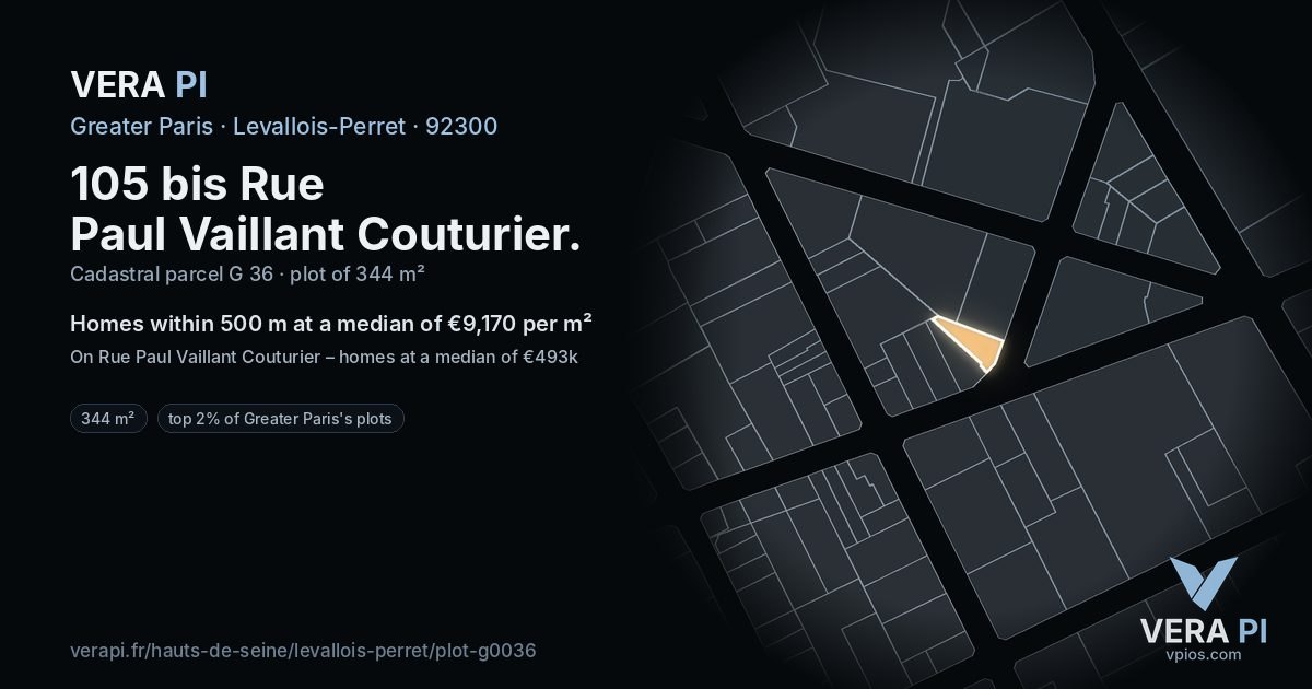 105 bis Rue Paul Vaillant Couturier, Levallois-Perret at night – the plot lit, the parcels around coloured by the prices near them