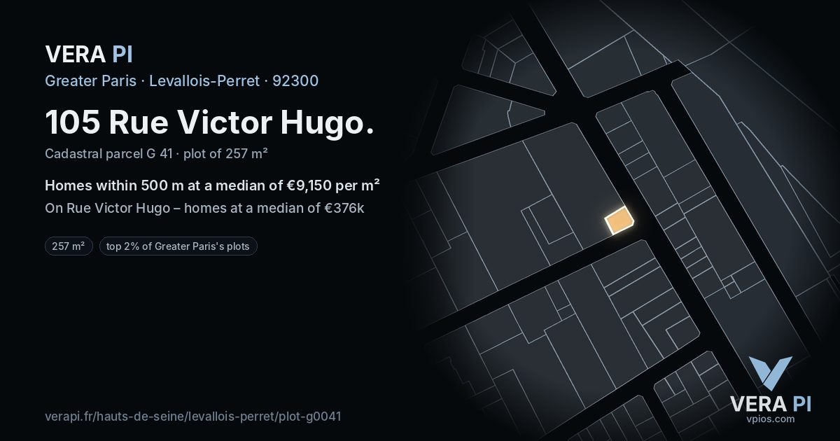 105 Rue Victor Hugo, Levallois-Perret at night – the plot lit, the parcels around coloured by the prices near them
