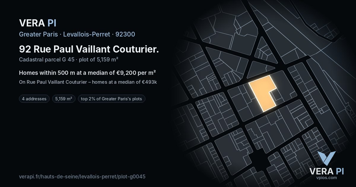 92 Rue Paul Vaillant Couturier, Levallois-Perret at night – the plot lit, the parcels around coloured by the prices near them