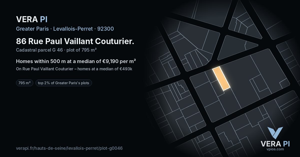 86 Rue Paul Vaillant Couturier, Levallois-Perret at night – the plot lit, the parcels around coloured by the prices near them