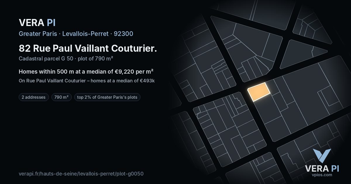 82 Rue Paul Vaillant Couturier, Levallois-Perret at night – the plot lit, the parcels around coloured by the prices near them