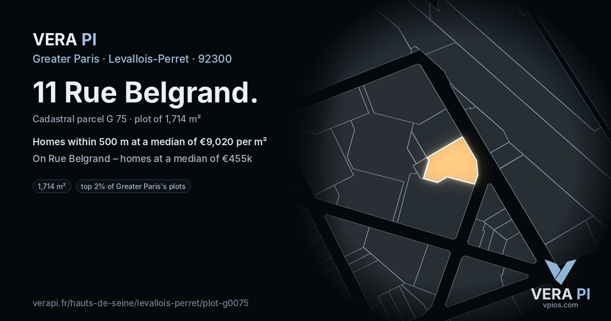 11 Rue Belgrand, Levallois-Perret at night – the plot lit, the parcels around coloured by the prices near them