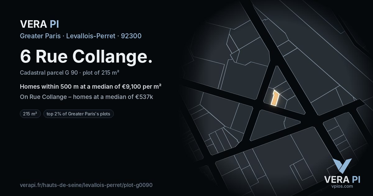 6 Rue Collange, Levallois-Perret at night – the plot lit, the parcels around coloured by the prices near them