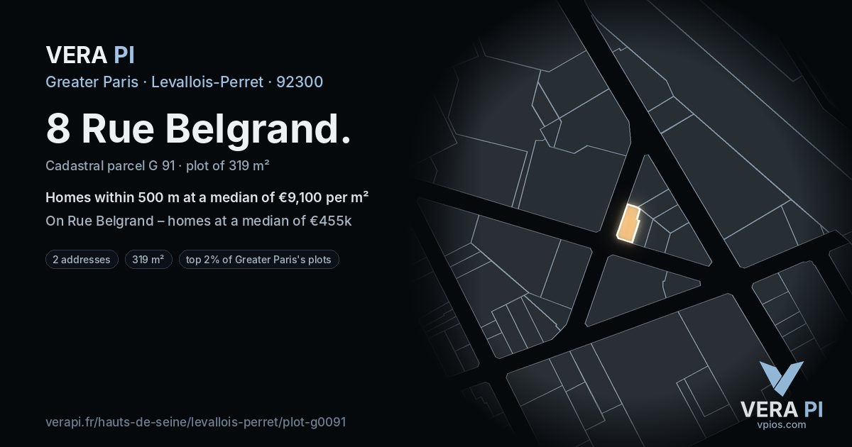 8 Rue Belgrand, Levallois-Perret at night – the plot lit, the parcels around coloured by the prices near them