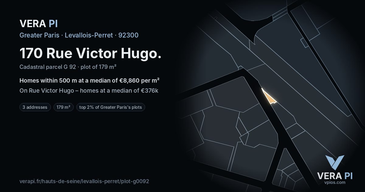 170 Rue Victor Hugo, Levallois-Perret at night – the plot lit, the parcels around coloured by the prices near them