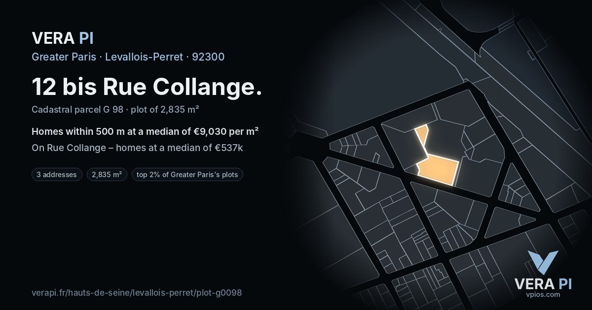 12 bis Rue Collange, Levallois-Perret at night – the plot lit, the parcels around coloured by the prices near them