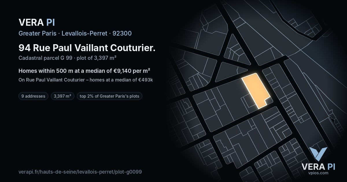 94 Rue Paul Vaillant Couturier, Levallois-Perret at night – the plot lit, the parcels around coloured by the prices near them