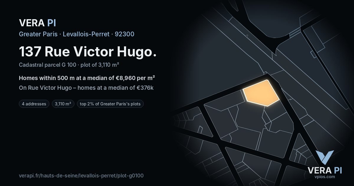 137 Rue Victor Hugo, Levallois-Perret at night – the plot lit, the parcels around coloured by the prices near them