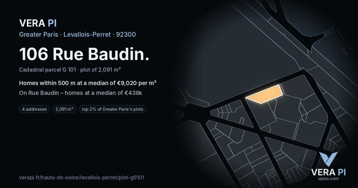 106 Rue Baudin, Levallois-Perret at night – the plot lit, the parcels around coloured by the prices near them