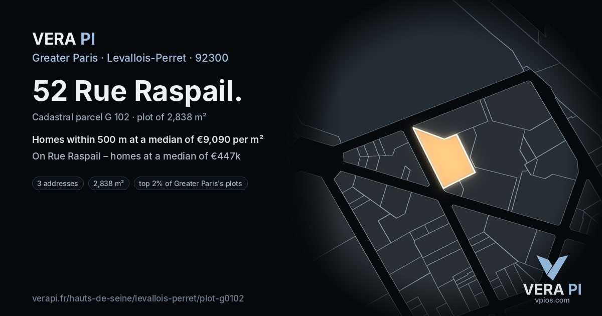 52 Rue Raspail, Levallois-Perret at night – the plot lit, the parcels around coloured by the prices near them