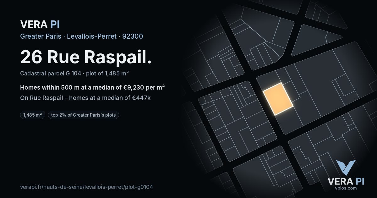 26 Rue Raspail, Levallois-Perret at night – the plot lit, the parcels around coloured by the prices near them
