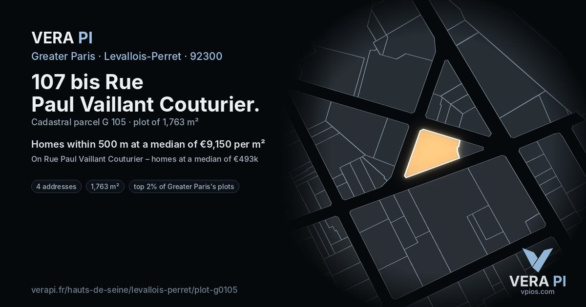 107 bis Rue Paul Vaillant Couturier, Levallois-Perret at night – the plot lit, the parcels around coloured by the prices near them
