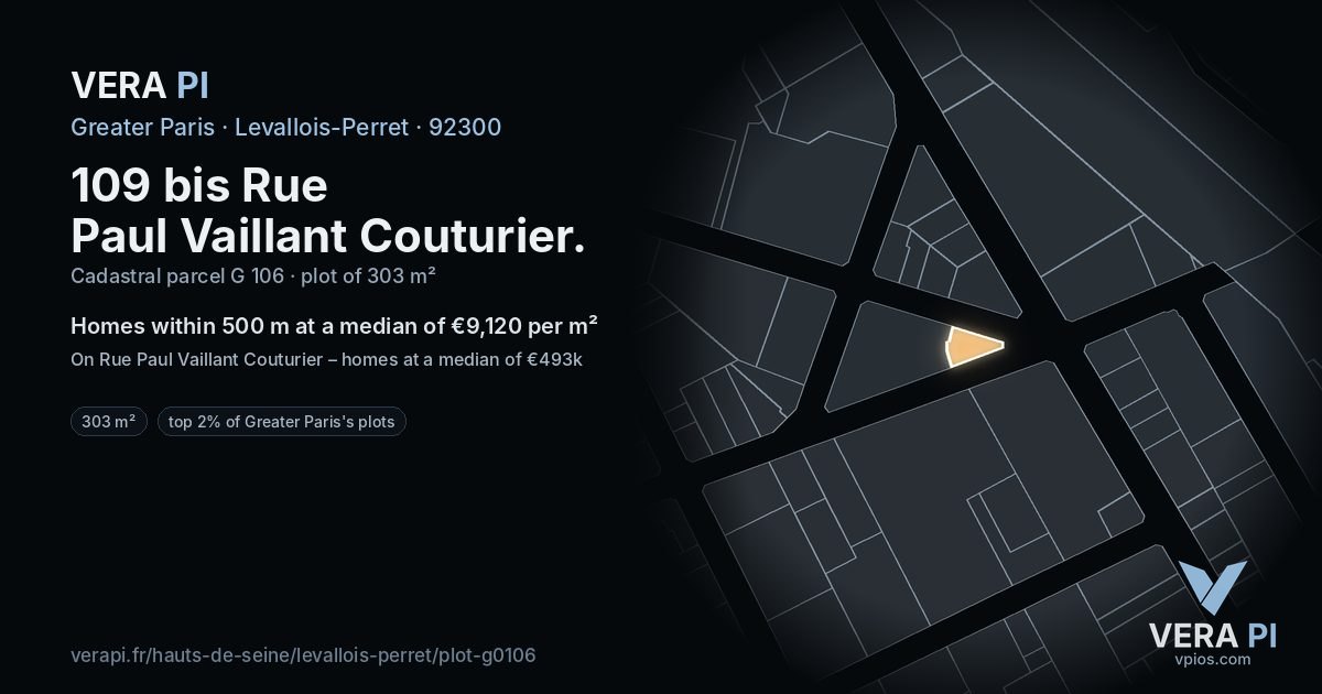 109 bis Rue Paul Vaillant Couturier, Levallois-Perret at night – the plot lit, the parcels around coloured by the prices near them