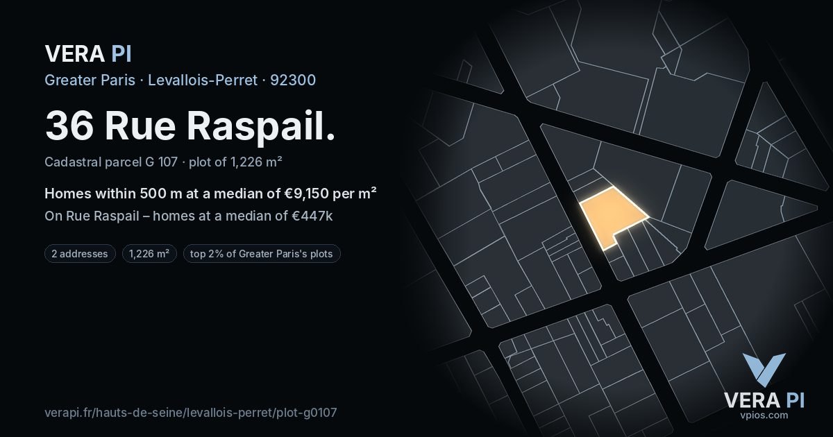 36 Rue Raspail, Levallois-Perret at night – the plot lit, the parcels around coloured by the prices near them