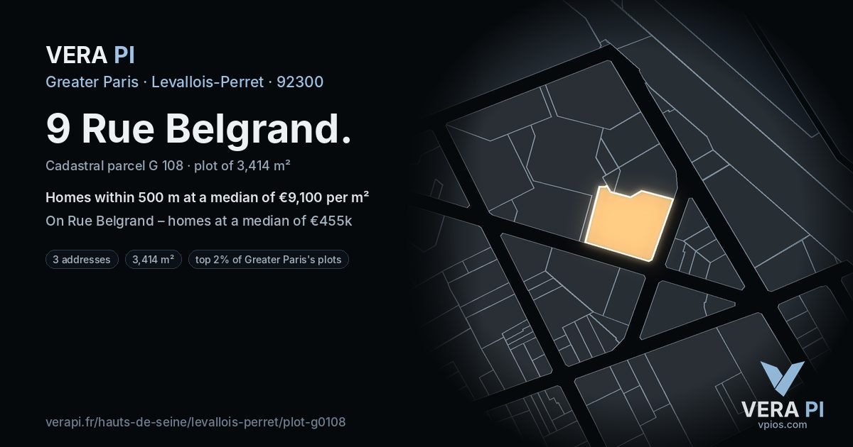 9 Rue Belgrand, Levallois-Perret at night – the plot lit, the parcels around coloured by the prices near them