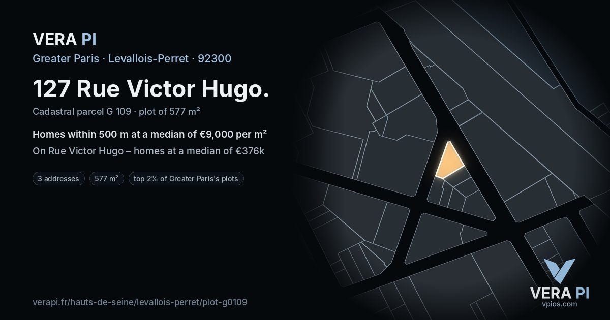127 Rue Victor Hugo, Levallois-Perret at night – the plot lit, the parcels around coloured by the prices near them