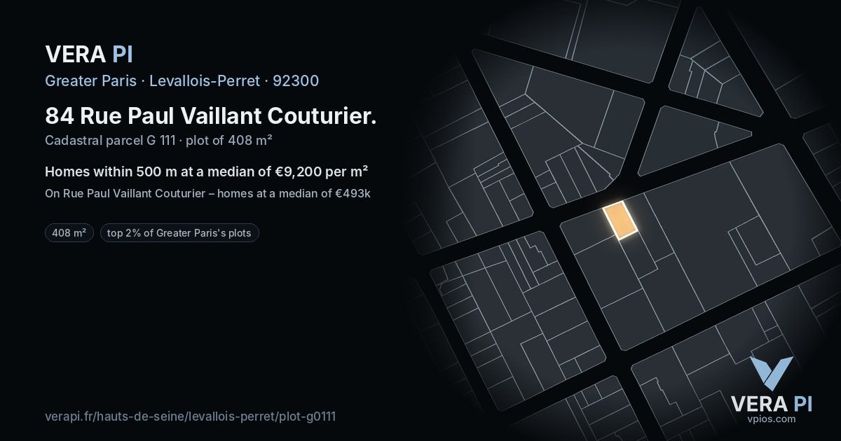 84 Rue Paul Vaillant Couturier, Levallois-Perret at night – the plot lit, the parcels around coloured by the prices near them
