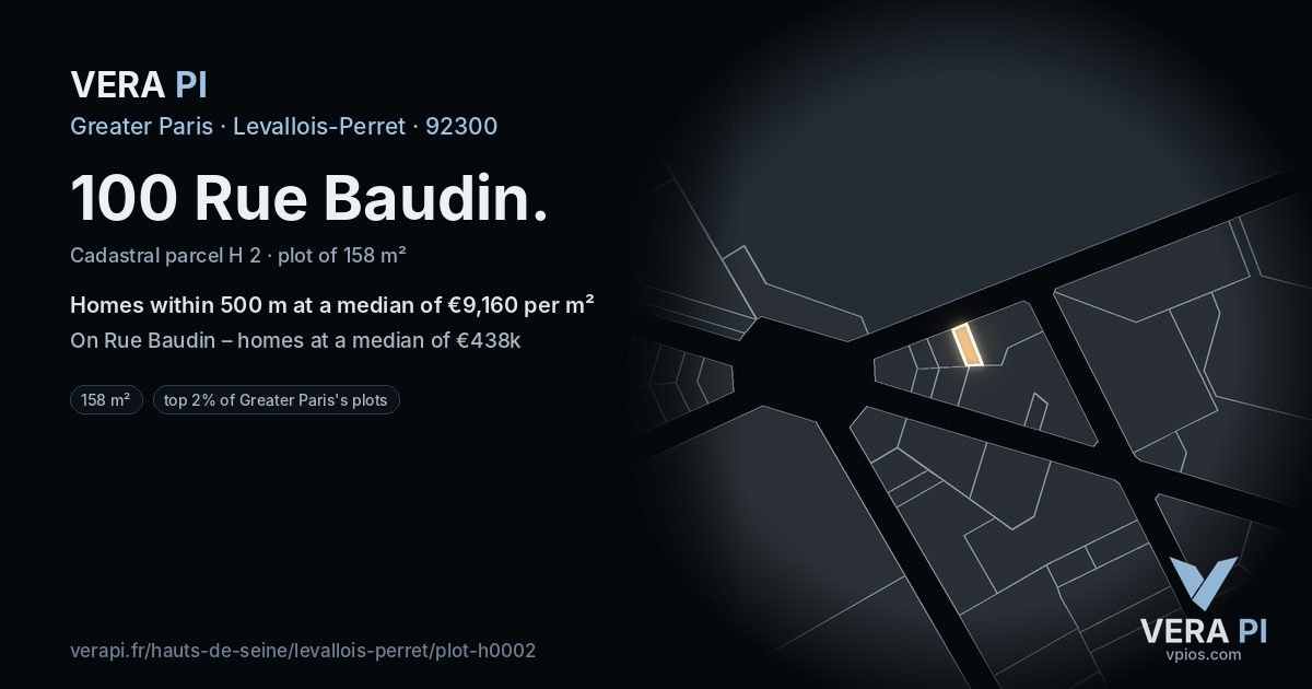 100 Rue Baudin, Levallois-Perret at night – the plot lit, the parcels around coloured by the prices near them