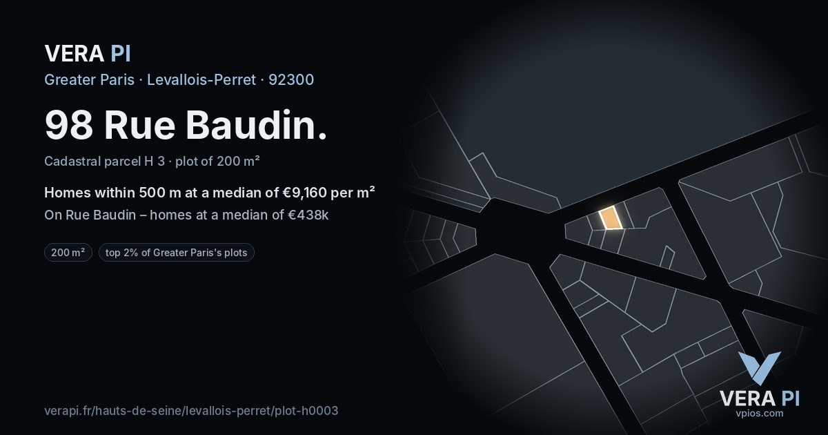 98 Rue Baudin, Levallois-Perret at night – the plot lit, the parcels around coloured by the prices near them