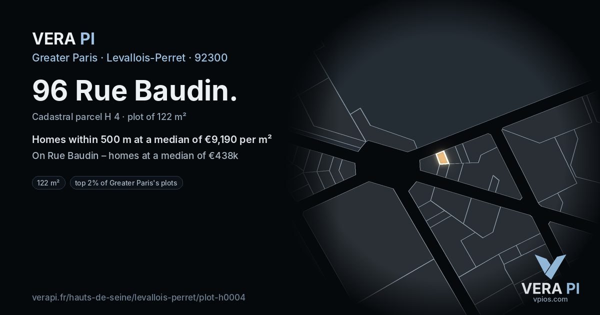 96 Rue Baudin, Levallois-Perret at night – the plot lit, the parcels around coloured by the prices near them