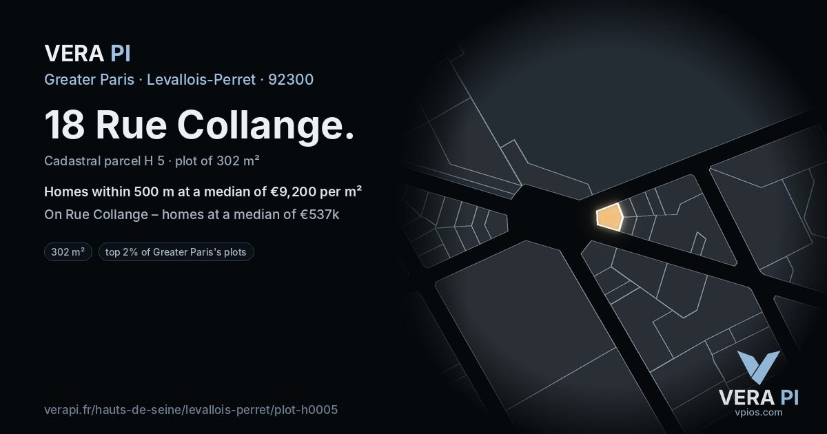 18 Rue Collange, Levallois-Perret at night – the plot lit, the parcels around coloured by the prices near them