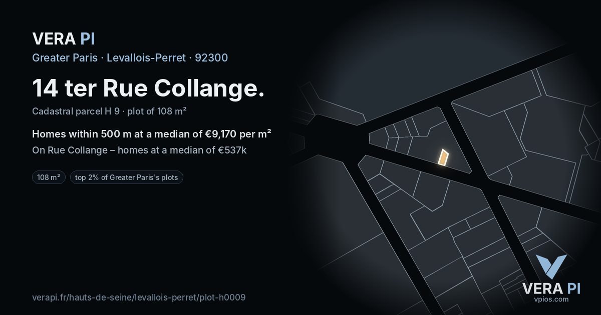 14 ter Rue Collange, Levallois-Perret at night – the plot lit, the parcels around coloured by the prices near them
