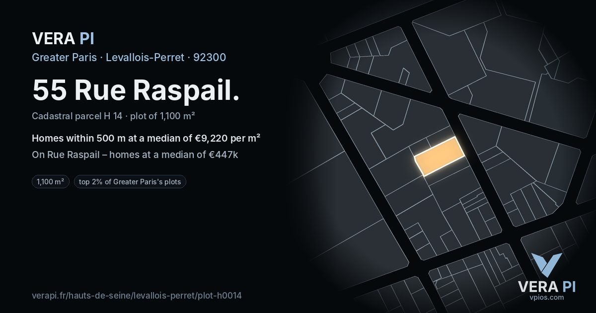 55 Rue Raspail, Levallois-Perret at night – the plot lit, the parcels around coloured by the prices near them