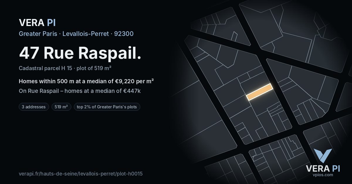 47 Rue Raspail, Levallois-Perret at night – the plot lit, the parcels around coloured by the prices near them
