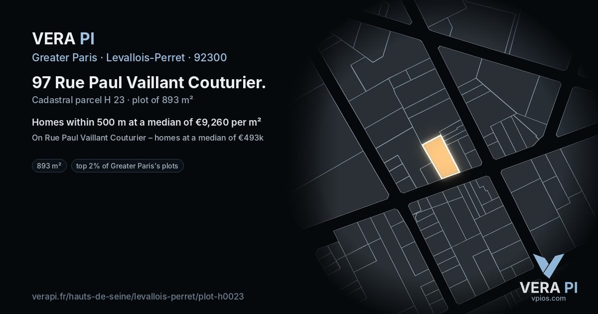 97 Rue Paul Vaillant Couturier, Levallois-Perret at night – the plot lit, the parcels around coloured by the prices near them
