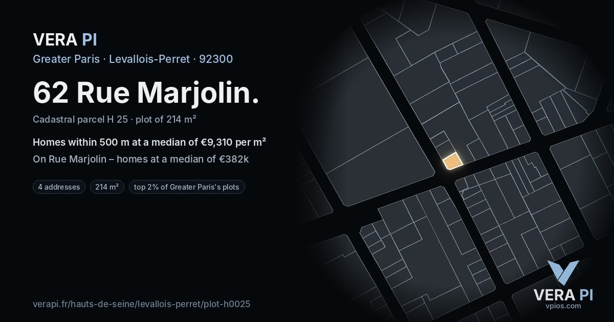 62 Rue Marjolin, Levallois-Perret at night – the plot lit, the parcels around coloured by the prices near them
