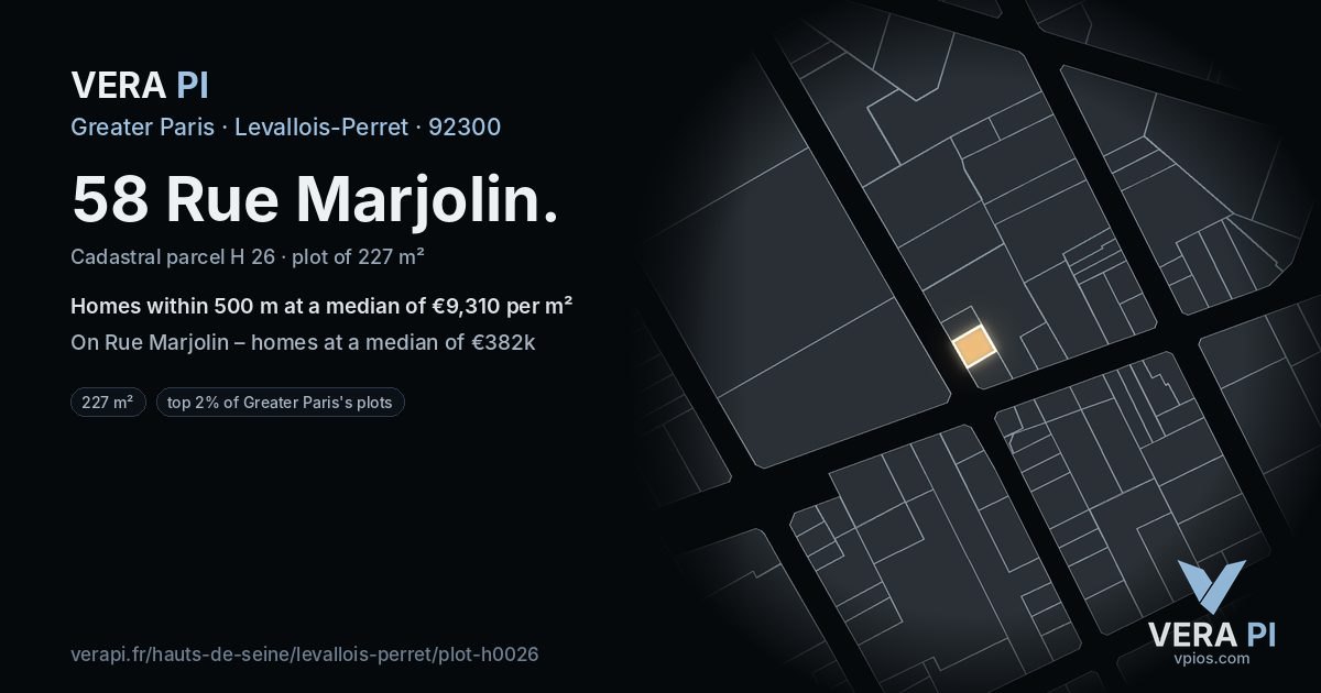 58 Rue Marjolin, Levallois-Perret at night – the plot lit, the parcels around coloured by the prices near them