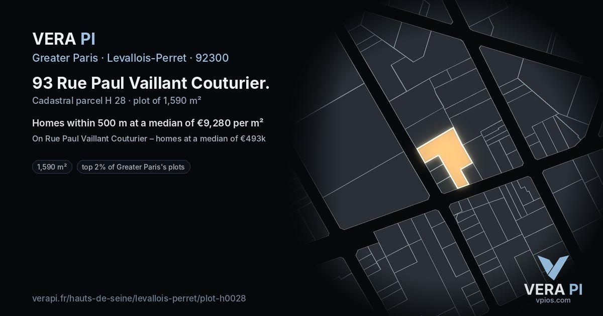 93 Rue Paul Vaillant Couturier, Levallois-Perret at night – the plot lit, the parcels around coloured by the prices near them