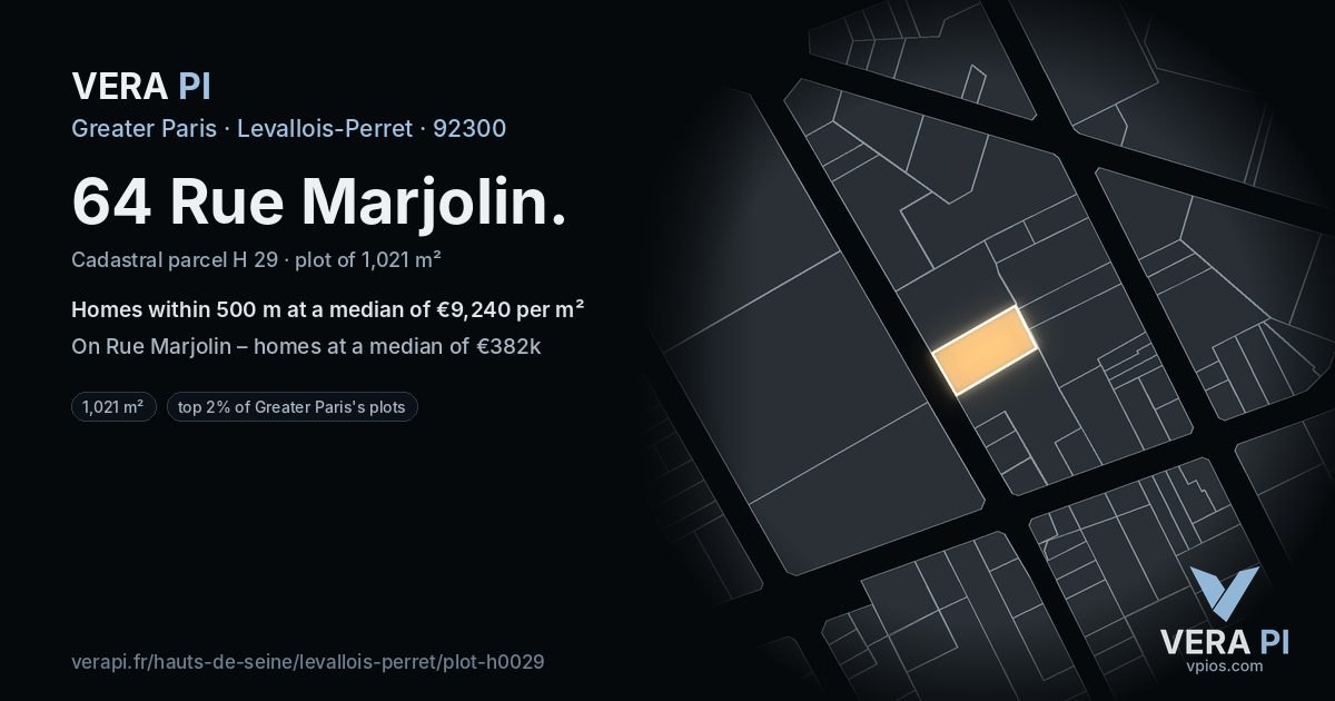 64 Rue Marjolin, Levallois-Perret at night – the plot lit, the parcels around coloured by the prices near them