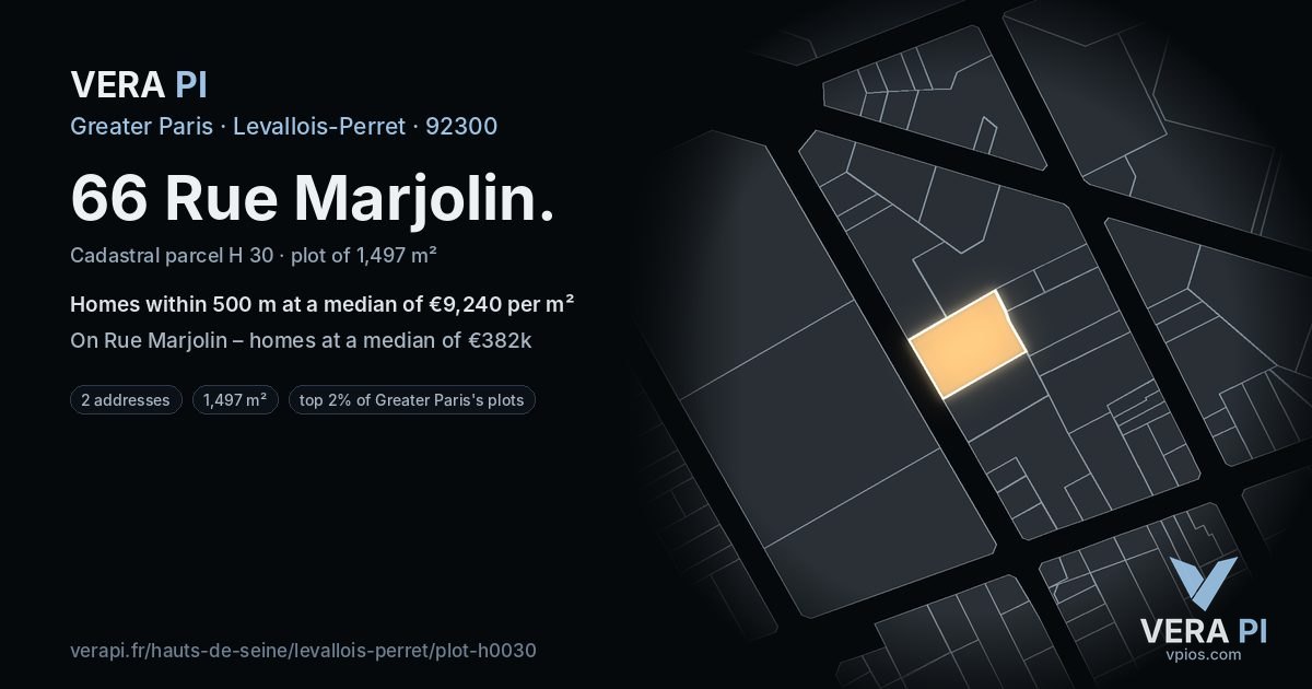 66 Rue Marjolin, Levallois-Perret at night – the plot lit, the parcels around coloured by the prices near them