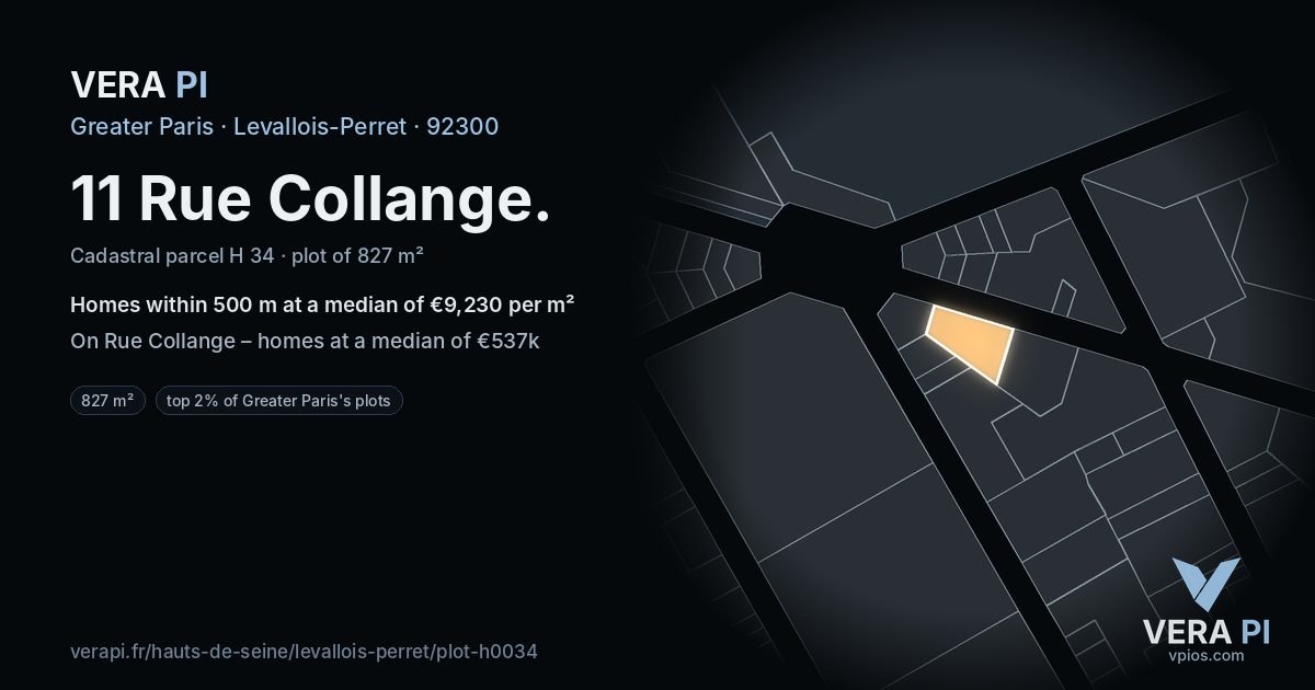 11 Rue Collange, Levallois-Perret at night – the plot lit, the parcels around coloured by the prices near them