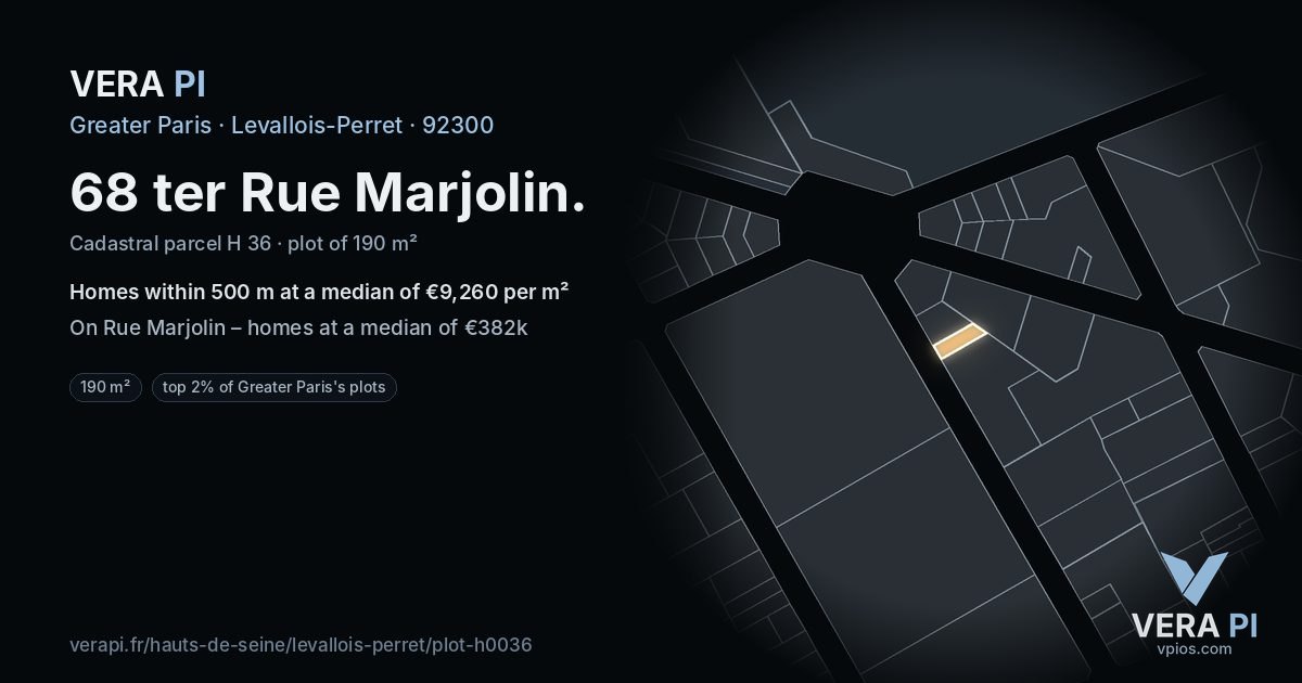 68 ter Rue Marjolin, Levallois-Perret at night – the plot lit, the parcels around coloured by the prices near them