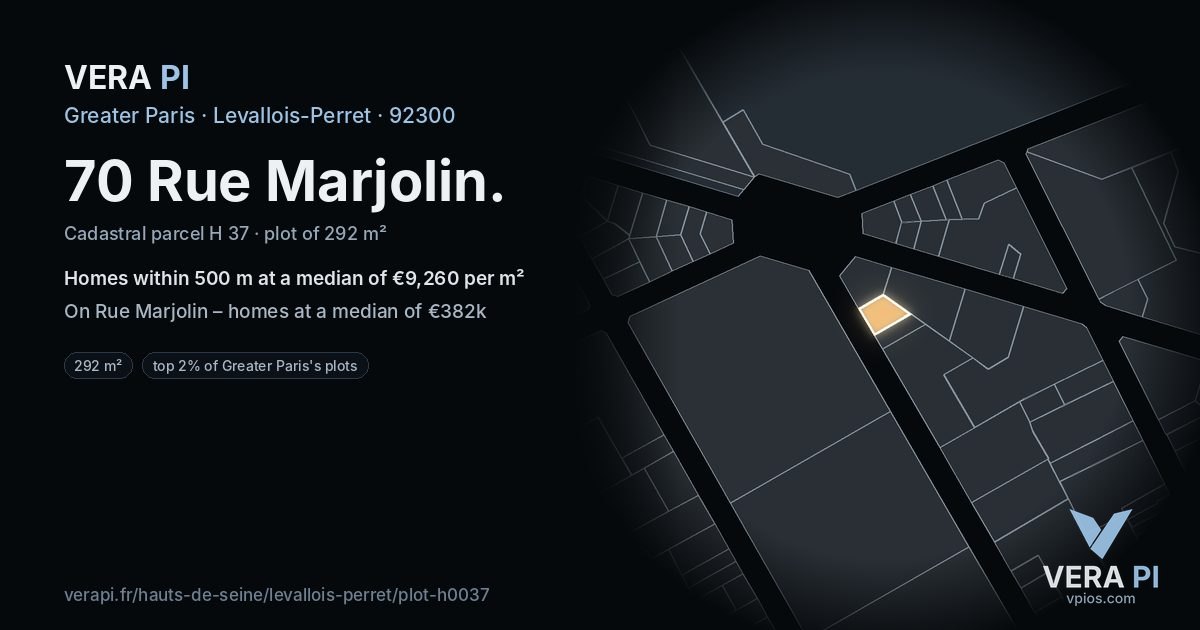70 Rue Marjolin, Levallois-Perret at night – the plot lit, the parcels around coloured by the prices near them