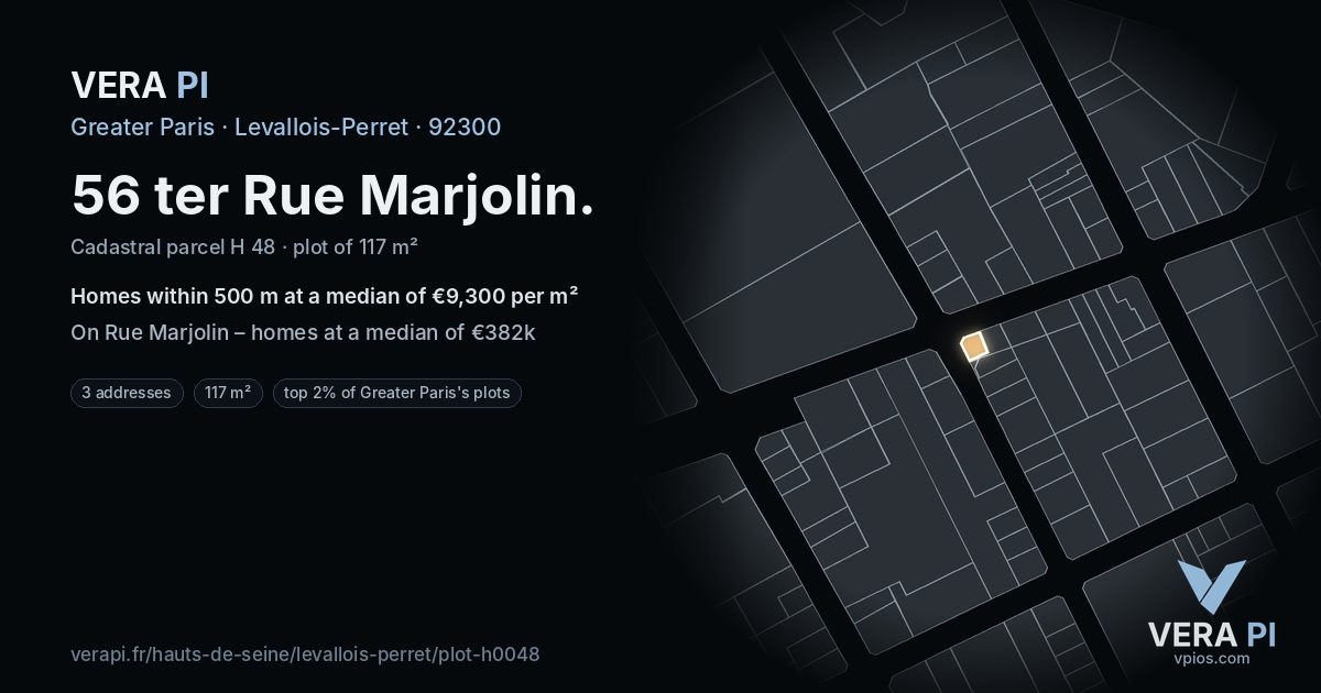 56 ter Rue Marjolin, Levallois-Perret at night – the plot lit, the parcels around coloured by the prices near them