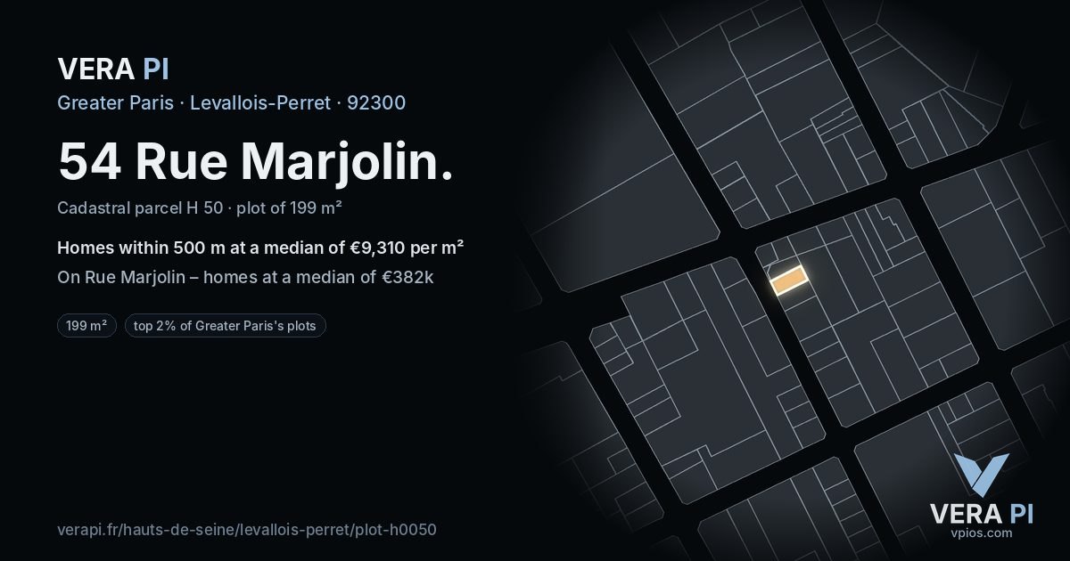 54 Rue Marjolin, Levallois-Perret at night – the plot lit, the parcels around coloured by the prices near them