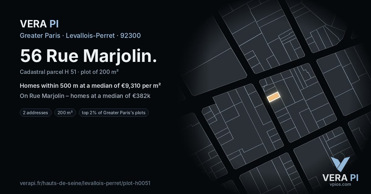 56 Rue Marjolin, Levallois-Perret at night – the plot lit, the parcels around coloured by the prices near them