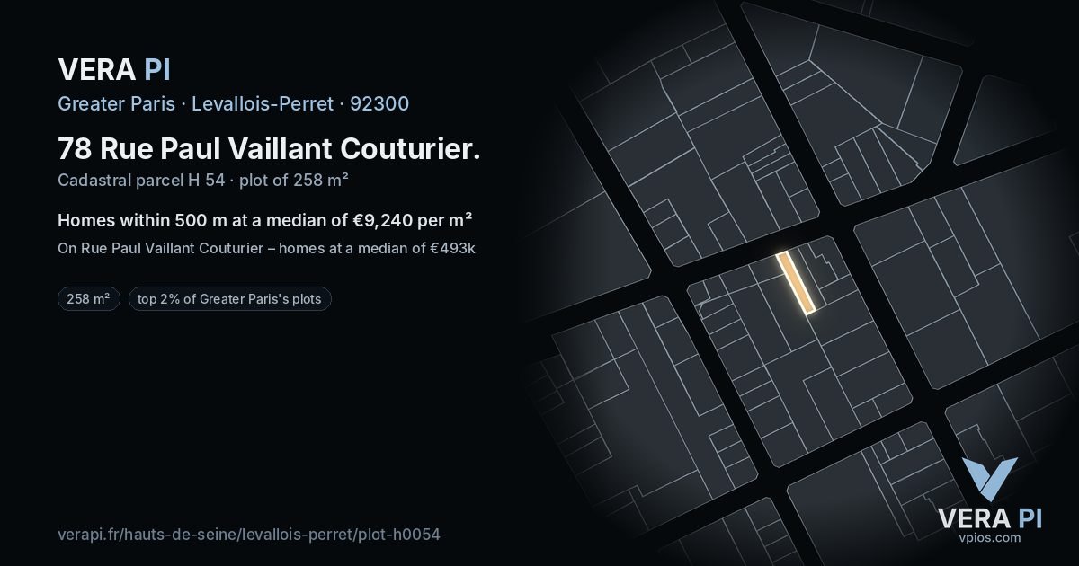 78 Rue Paul Vaillant Couturier, Levallois-Perret at night – the plot lit, the parcels around coloured by the prices near them