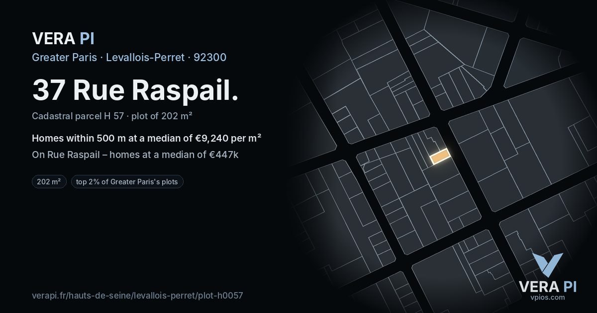 37 Rue Raspail, Levallois-Perret at night – the plot lit, the parcels around coloured by the prices near them
