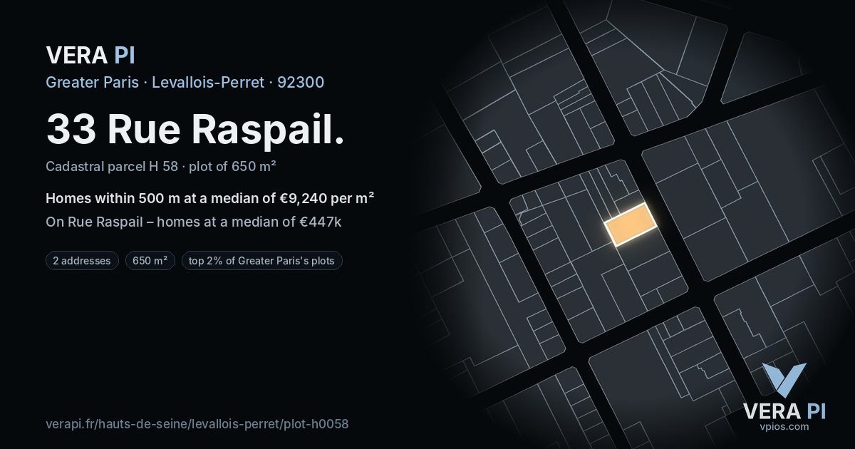 33 Rue Raspail, Levallois-Perret at night – the plot lit, the parcels around coloured by the prices near them