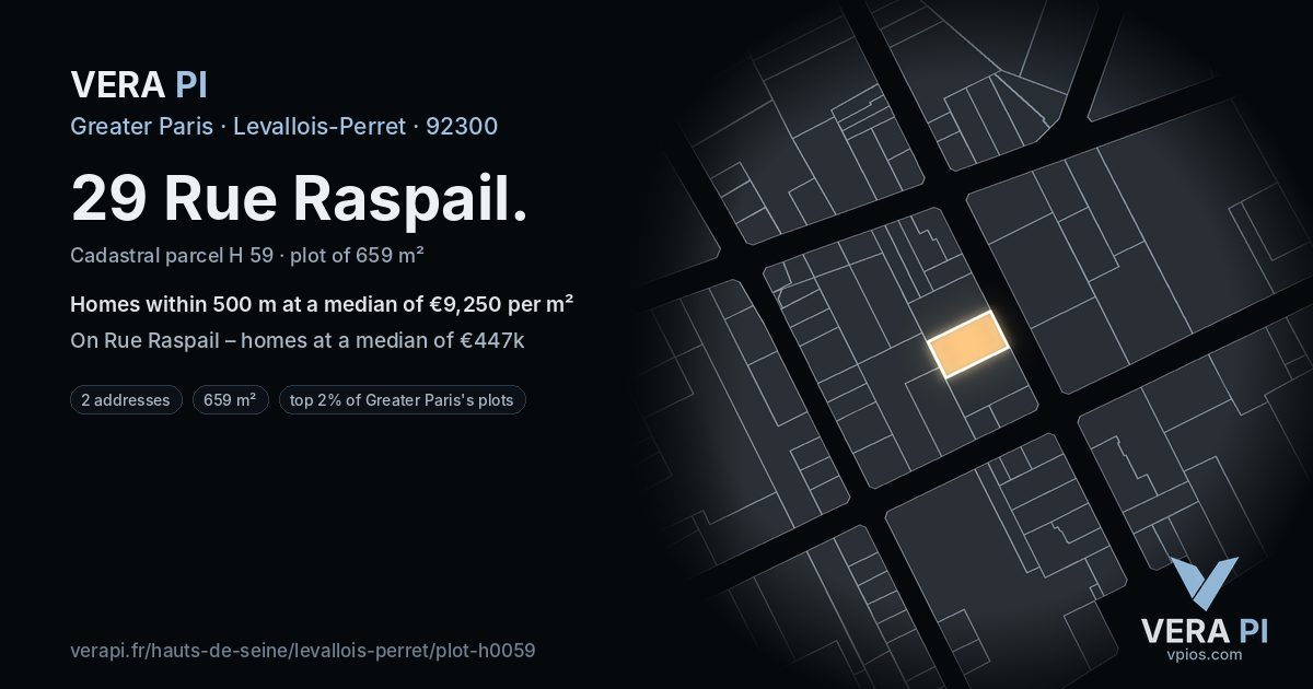 29 Rue Raspail, Levallois-Perret at night – the plot lit, the parcels around coloured by the prices near them