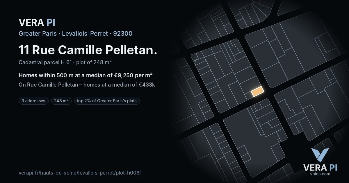 11 Rue Camille Pelletan, Levallois-Perret at night – the plot lit, the parcels around coloured by the prices near them