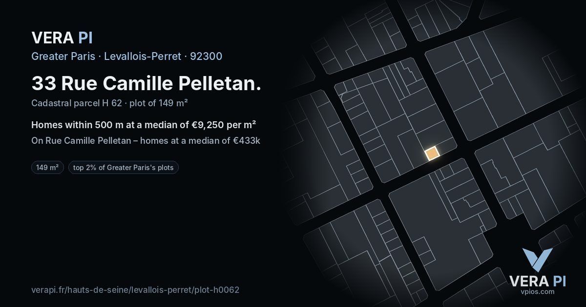 33 Rue Camille Pelletan, Levallois-Perret at night – the plot lit, the parcels around coloured by the prices near them