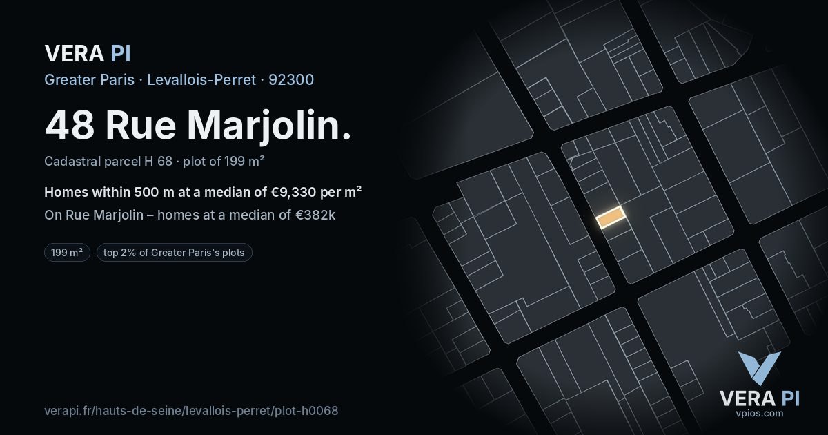 48 Rue Marjolin, Levallois-Perret at night – the plot lit, the parcels around coloured by the prices near them