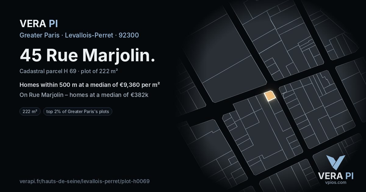 45 Rue Marjolin, Levallois-Perret at night – the plot lit, the parcels around coloured by the prices near them