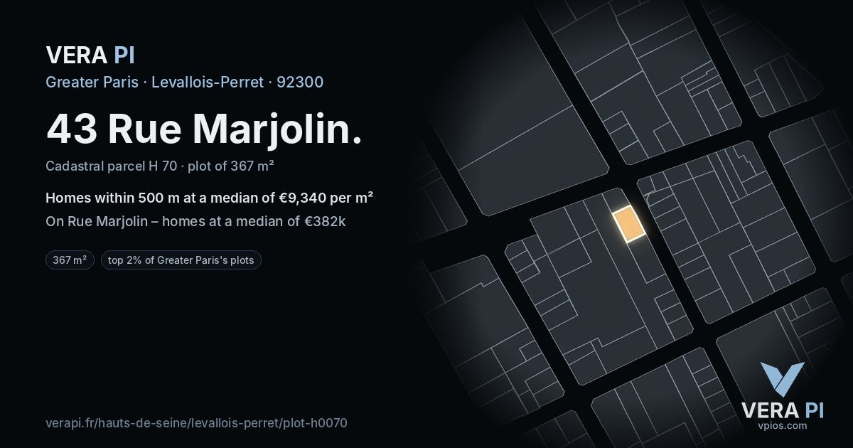 43 Rue Marjolin, Levallois-Perret at night – the plot lit, the parcels around coloured by the prices near them